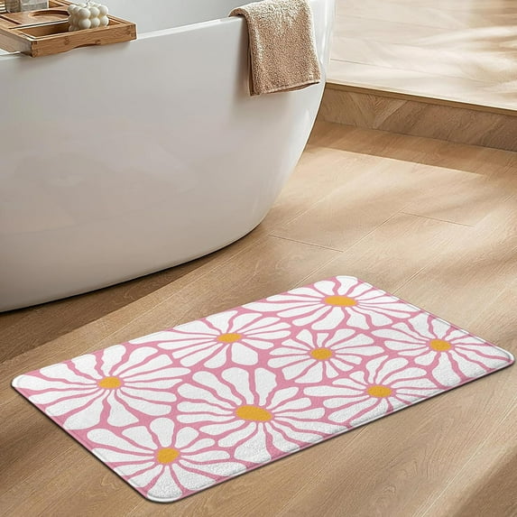 Pink Bathroom Rugs Cute Daisy Bath Mat, Cute Bath mat for Shower Sink,White and Yellow Flower Bathroom Rug, Super Absorbent Machine Non Slip Back Washable Bathtub Mats for Shower 27x17inch