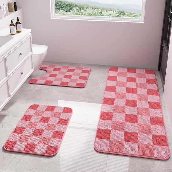 Pink Bathroom Rugs Sets 3 Pieces, Thick Absorbent Chenille Bath Mat Rug Set Non Slip, Checkered Soft Shaggy Bath Room Floor Mats for Bathroom, Bedroom, Tub, Living Room, Machine Washable