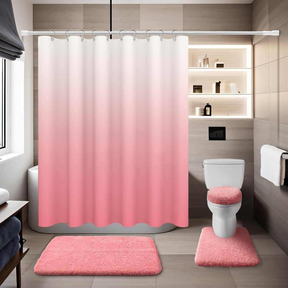 Pink Bathroom Sets with Shower Curtain and Rugs Waterproof Shower ...