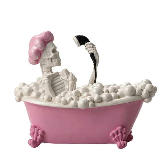 Pink Bathtub Skeleton Figurine, Resin Skeleton Taking Bubble Bath Statue, Whimsical Halloween Tabletop Decor, Spooky‑Fun Home Shelf Ornament, 6.3 x 5.51 Inch by XSAOP