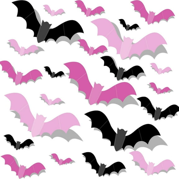 Pink Bats for Wall Halloween 3D Bat Blush and Black DIY Wall Decal Bathroom Indoor Cute Pastel Halloween, PVC Door Bats Stickers for Home (24pcs)