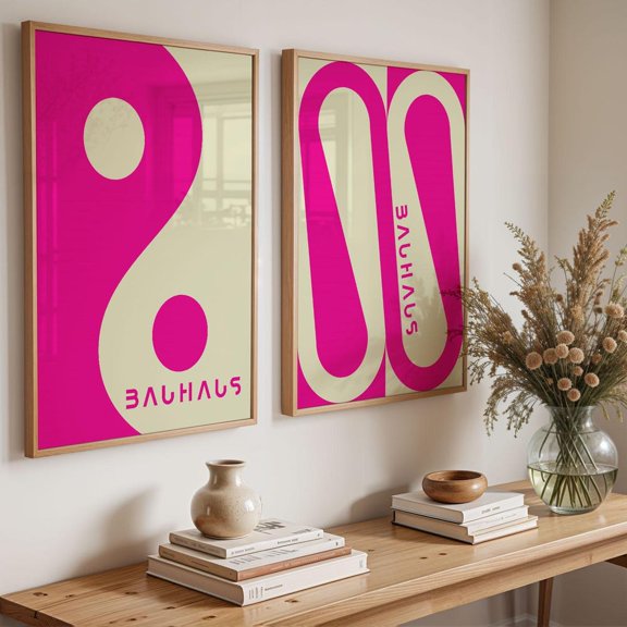 Pink Bauhaus Yin Yang Poster, Retro Mid Century Art Set 2 Unframed Paper Print 20x30