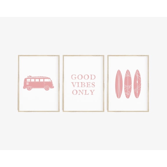 Pink Beach Art Set Abstract Surfboard Print Surfvan Good Vibes Only Set 3 Stretched Canvas 16x24