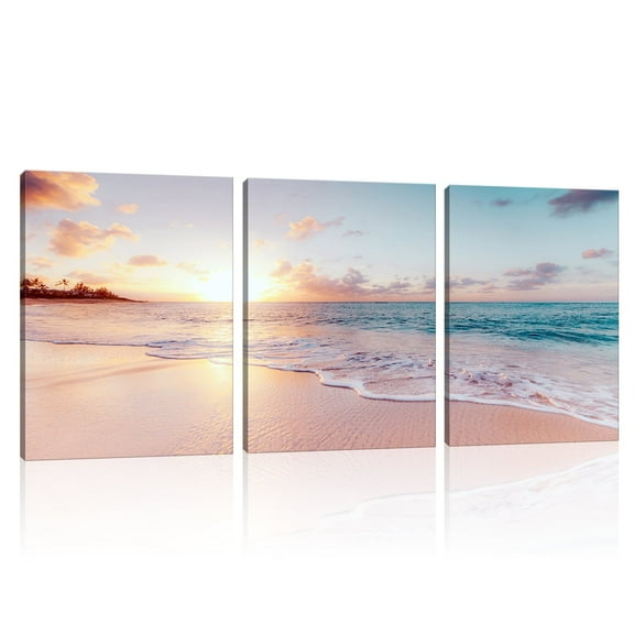 Pink Beach Framed Canvas Wall Art Coastal Sunset Landscape Pictures Print Modern Seascape Artwork for Home Decoration