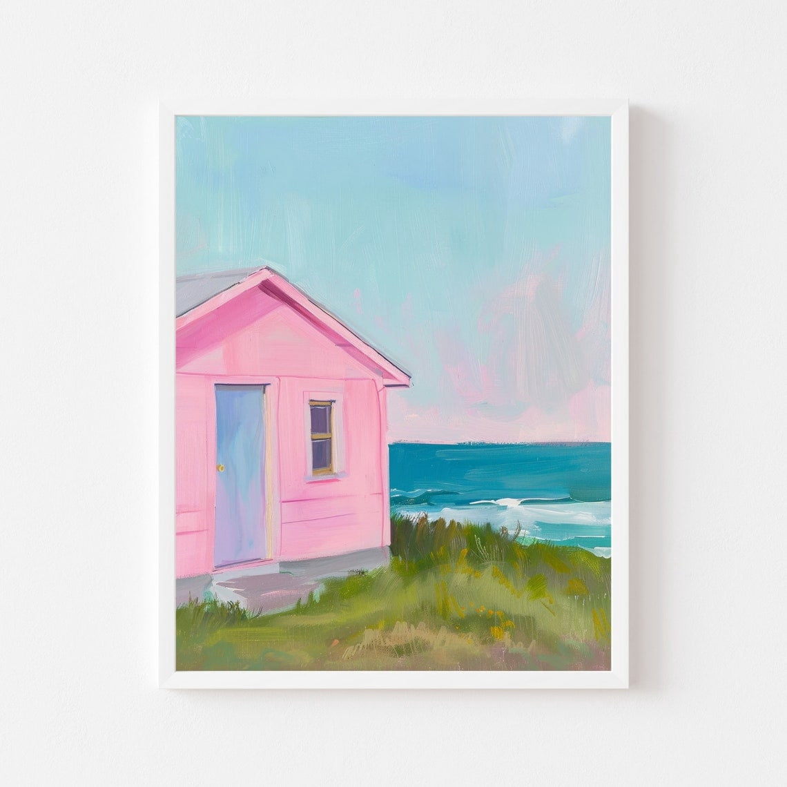 Pink Beach House Painting Coastal Cottage Wall Art Print Colorful Shore ...