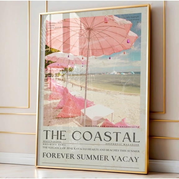 Pink Beach Newspaper Print, Vintage Coastal Wall Art, Unframed Paper Poster 8x10in