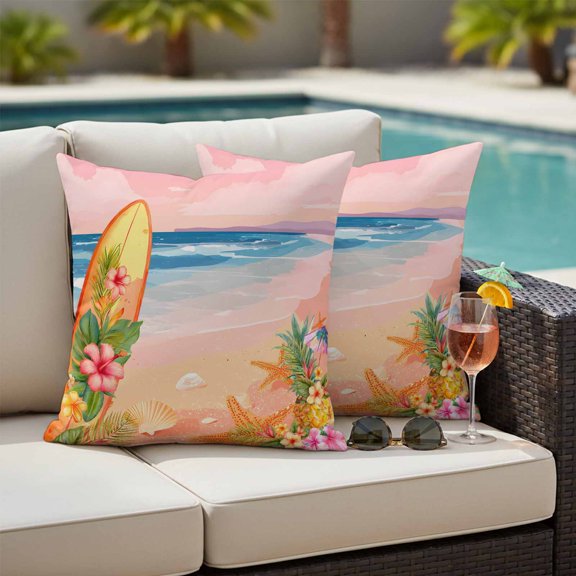 Pink Beach Outdoor Pillow Covers 16x16 Inch Throw Pillow Covers Set of 2 Waterproof Decorative Pillow Cases Summer Surfboard Palm Leaf Starfish Pineapple Flowers Cushion Covers for Patio Furniture
