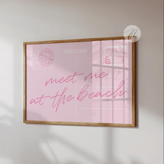 Pink Beach Postcard Wall Art Coastal Typography Decor, Stretched Canvas Size 16x24