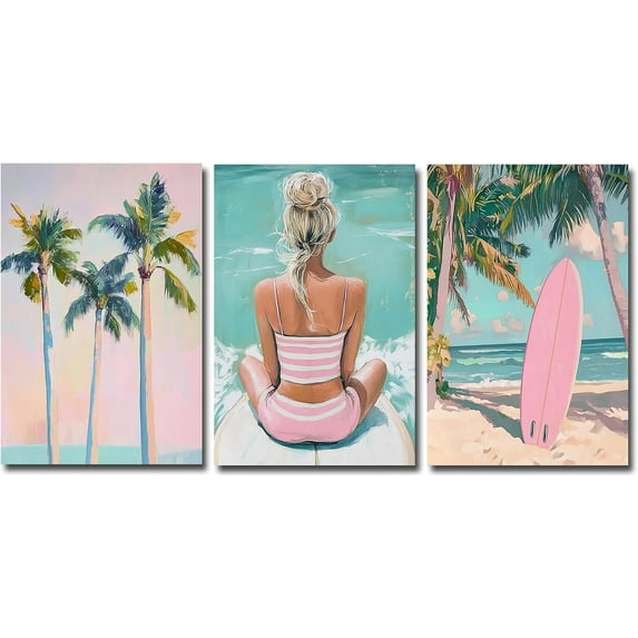 Pink Beach Preppy Wall art Coastal Surf Girl Aesthetic Room Painting Picture Wall Decor Ocean Landscape Poster Print Artwork for Girls Room Dorm Beach Home Decoration(Only canvas)