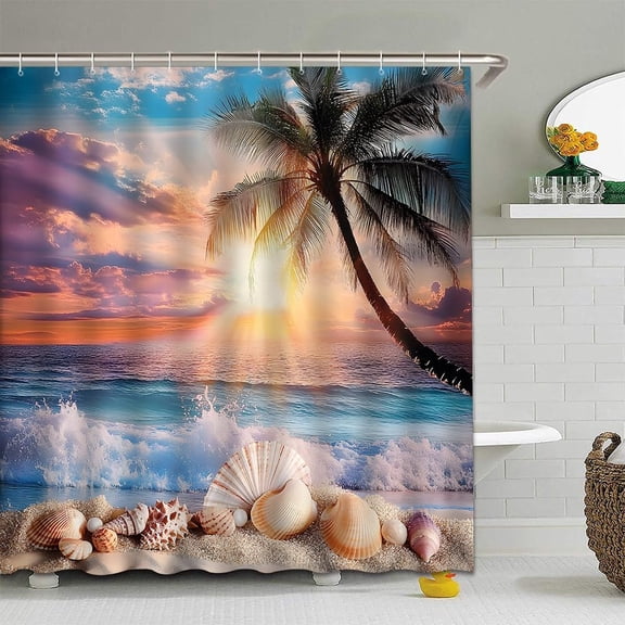 Pink Beach Shower Curtain Ocean Tropical Sunset Sunrise Coastal Palm Tree Shell Seaside Beachy Nature Bathroom Curtain Set Polyester Fabric Hooks-72"W x 96"L (Pack of 1)