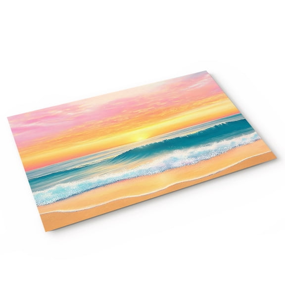 Pink Beach Sunrise Landscape Door Mat Coastal Watercolor Ocean Waves Cloud Non Slip Absorbent Entrance Mat Washable Low Profile Indoor Doormat for Front Door Entryway Entry 16"x24"