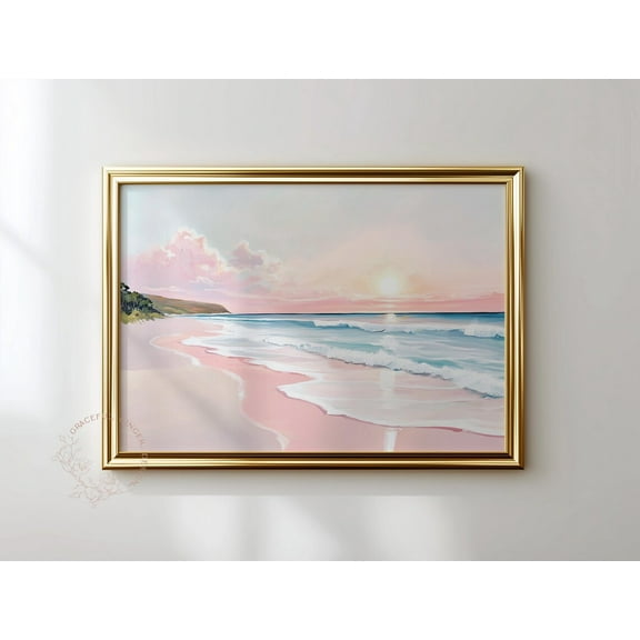 Pink Beach Sunset Print, Coastal Landscape, Beach House Art Home Decor #2219, Unframed Poster Size 24x36