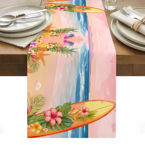 Pink Beach Table Runner Summer Surfboard Palm Leaf Starfish Pineapple Flowers Tablerunners 13 x 36 Inch, Table Decorations Tabletop Scarf for Summer Gathering Holiday Farmhouse Kitchen Dining Decor