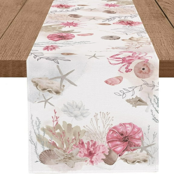 Pink Beach Table Runner Tropical Ocean Coastal Table Runners Seashell Burlap Seasonal Nautical Kitchen Dining Coffee Table Decor for Home Holiday Party Indoor Outdoor 13x48 Inch