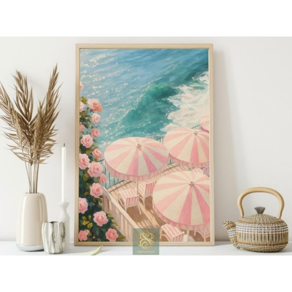 Pink Beach Umbrella Print, Ocean View Terrace Poster, Coastal Summer Wall Art Decor