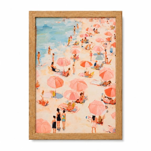 Pink Beach Umbrella Wall Art, Framed Coastal Canvas Print, Summer Seaside Picture for Girls Room, Bedroom, Living Room, Bathroom and Home Decor