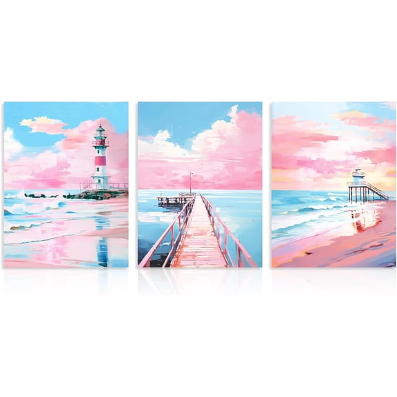 Pink Beach Wall Decor, Pink Seascape Coastal Wall Art Lighthouse Aesthetic Picture for Bedroom Bathroom Dorm Living Room Decor 1216 in Unframed