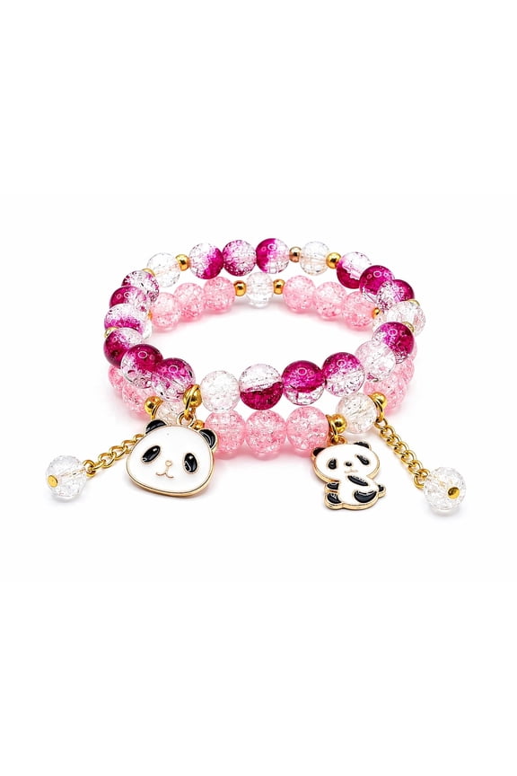 Pink Beaded Bracelet Set 2 with Panda Charm Stretch Elastic Crystal Style Jewelry for Women Girls Cute Daily Wear Gift