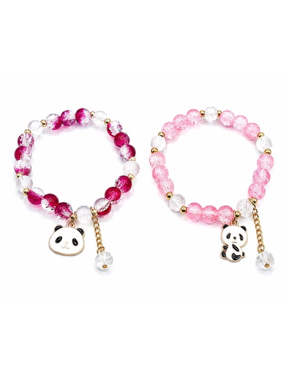 Pink Beaded Bracelet Set 2 with Panda Charm Stretch Elastic Crystal Style Jewelry for Women Girls Cute Daily Wear Gift