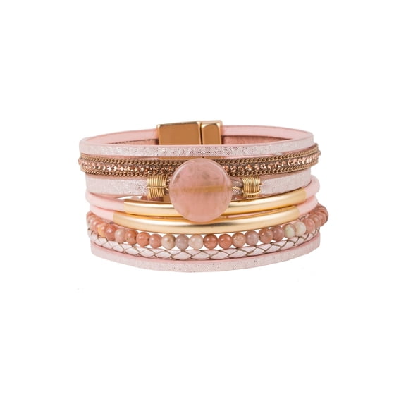 Pink Beaded Fashionable Leather Bracelet, Womens Bracelet, Gemstone Bracelet, Stacked Bracelet, Leather Bracelet