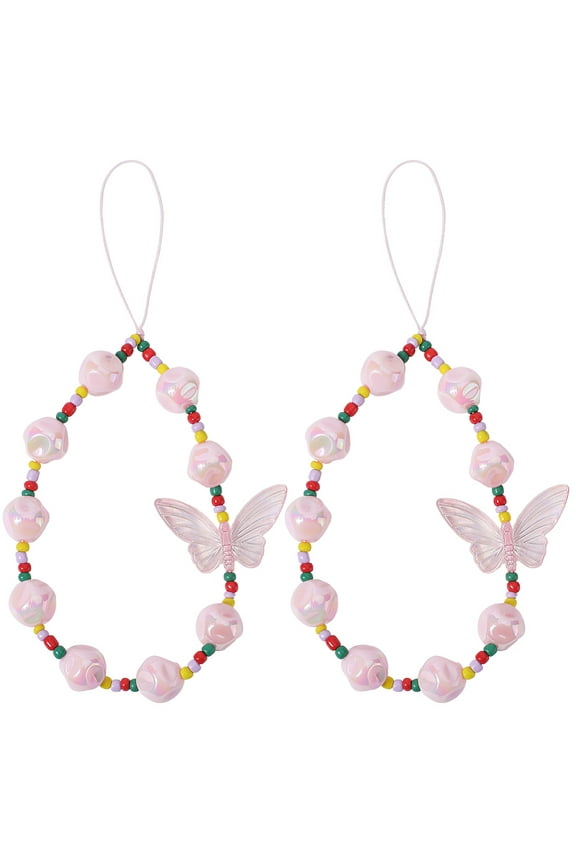 Pink Beaded Phone Lanyard Wrist Strap Acrylic Cute Butterfly Phone Anti Lost Chain 2Pcs Exquisite Handmade Cell Phone Chain String Pearl Phone Charm