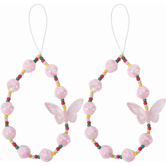 Pink Beaded Phone Lanyard Wrist Strap Acrylic Cute Butterfly Phone Anti Lost Chain 2Pcs Exquisite Handmade Cell Phone Chain String Pearl Phone Charm Strap Phone Case Accessories for DIY