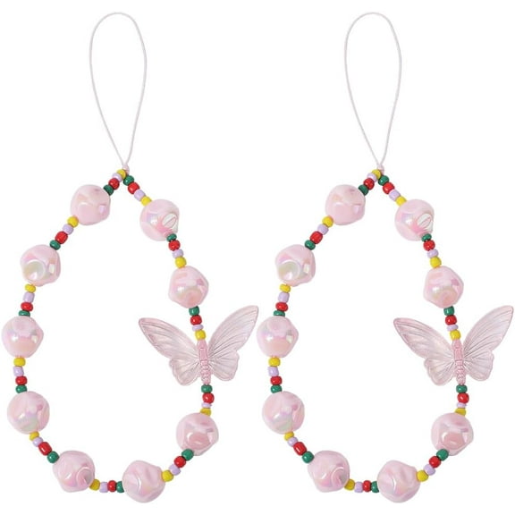Pink Beaded Phone Lanyard Wrist Strap Acrylic Cute Butterfly Phone Anti Lost Chain 2Pcs Exquisite Handmade Cell Phone Chain String Pearl Phone Charm Strap Phone Case Accessories for DIY