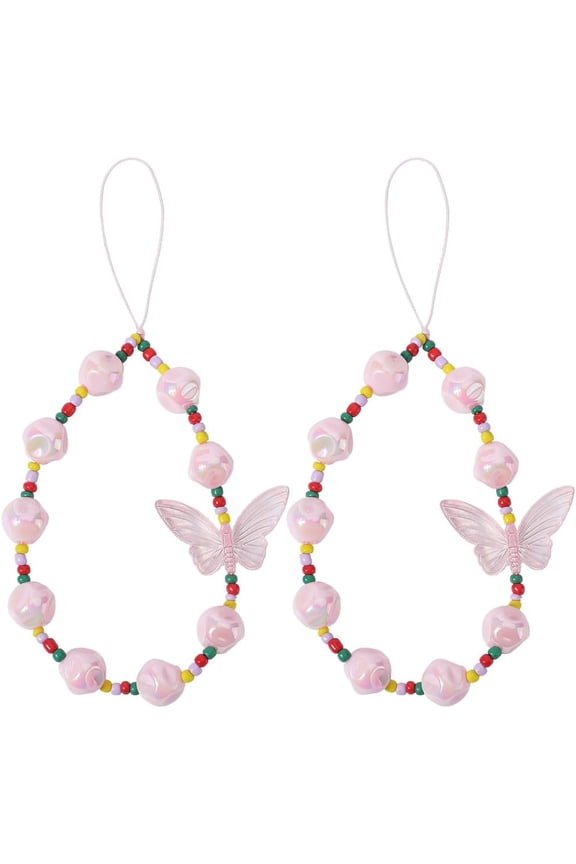 Pink Beaded one Lanyard Wrist Strap Acrylic Cute Butterfly one Anti Lost Chain 2Pcs Exquisite Handmade Cell one Chain String Pearl one Charm Strap one Case Accessories for Women Pink
