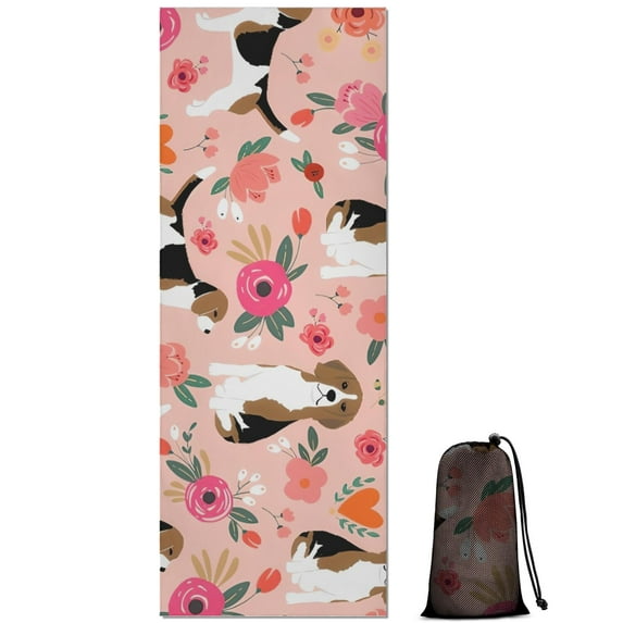 Pink Beagle and Flower Hot Yoga Mat Towel Non Slip for Hot Yoga - Quick-Drying Yoga Mat Cover with 4 Corner Pockets with Travel Bag - Hot Yoga Towel Non Slip Grip Moisture Wicking Sweat 70"x26"