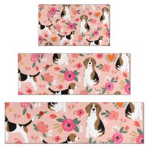 Pink Beagle and Flower Kitchen Rugs Sets Of 3,Kitchen Runner Rugs Non Skid Washable,Decorative Kitchen Floor Mats for Kitchen,Sink,Laundry,17"x30"  17"x47"   17"x59"