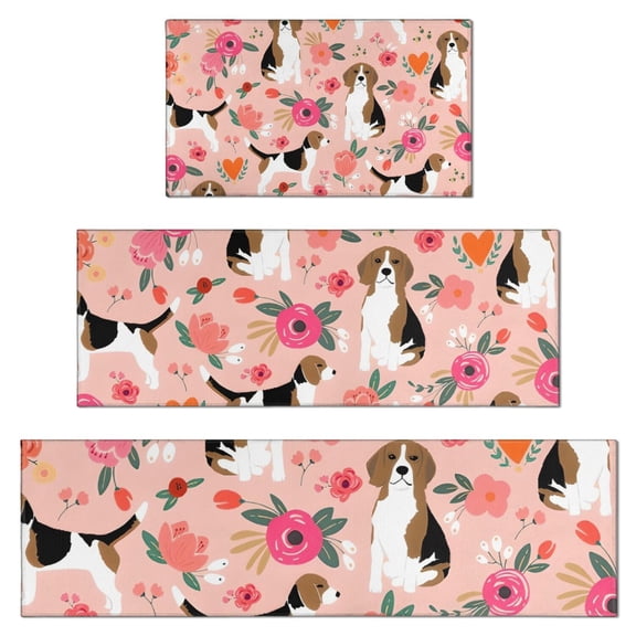 Pink Beagle and Flower Kitchen Rugs Sets Of 3,Kitchen Runner Rugs Non Skid Washable,Decorative Kitchen Floor Mats for Kitchen,Sink,Laundry,17"x30"+ 17"x47" + 17"x59"