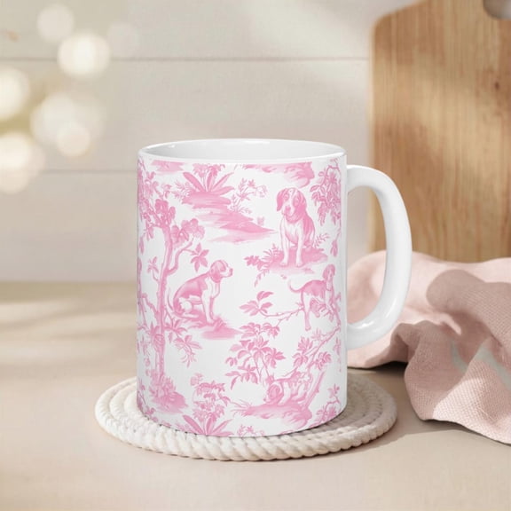 Pink Beagle French Toile de Jouy Mug - Dog Coquette Coffee Cup Gift for Beagle Mom Elegant Dog Chinoiserie Drinkware Ceramic Puppy Tea Cup