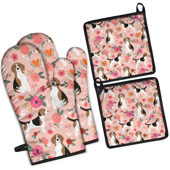 Pink Beagle and Flower Kitchen Oven Mitt and Pot Holder Sets 4 Pcs for Baking, Cooking and Grilling, Heat Resistant Up To 392 °F
