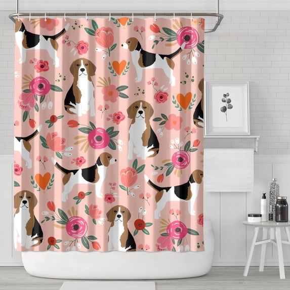 Pink Beagle and Flower Shower Curtain 72"x84" ,Bathroom Decorative Shower Curtains Set with 12 Hooks,Modern Waterproof Washable Shower Curtain
