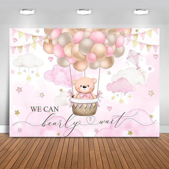 Pink Bear Baby Shower Backdrop Hot Air Balloon Bear Theme Background Party Decorations for Girl We Can Bearly Wait Banner Photo Booth Prop