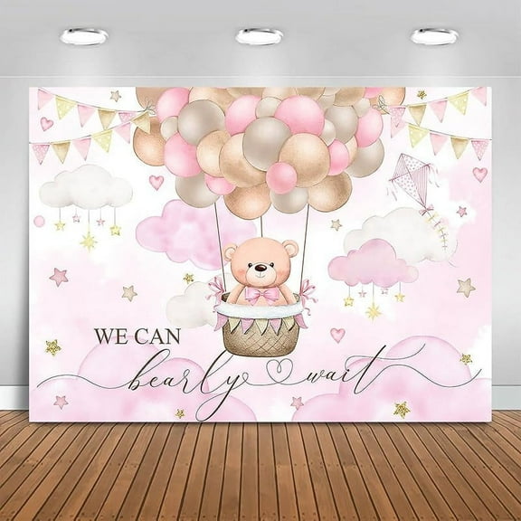 Pink Bear Baby Shower Backdrop Hot Air Balloon Bear Theme Background Party Decorations for Girl We Can Bearly Wait Banner Photo Booth Prop