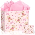 thumbnail image 1 of Pink Bear Baby Shower Birthday Gift Bag Large Bear Gift Bag with Handles Tissue Paper Greeting Card Pink Bow Treat Candy Bag for Girls Newborn Gender Reveal Women Birthday Party Supplies Decorations, 1 of 4