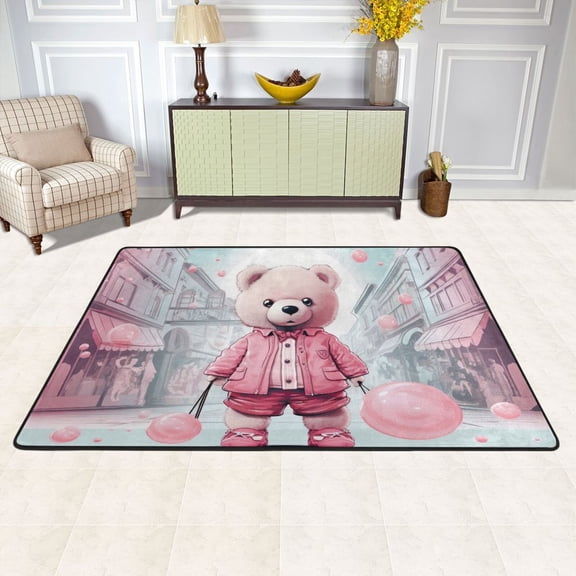 Pink Bear Bubbles Houses Area Rug Washable 72 x 48 Floor Carpet Mat Non Slip for Bedroom Living Room Kids Room Home Decor
