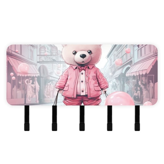 Pink Bear Bubbles Houses Mail Holder Organizer Wall Mount with Shelf Key Holder Key Rack with 5 Key Hooks for Wall Decorative