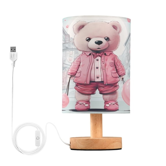 Pink Bear Bubbles Houses Table Lamp USB Bedside Desk Nightstand Lamp Printed Gifts Small Lamp Wood Base for Bedroom Living Room Kids Room College Dorm