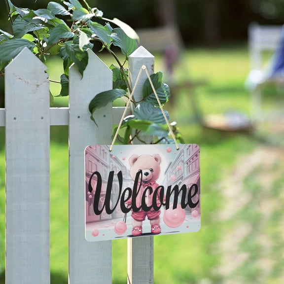 Pink Bear Bubbles Houses Welcome Sign for Front Door Porch Wreath Door Sign Home Decoration Rustic Farmhouse Style