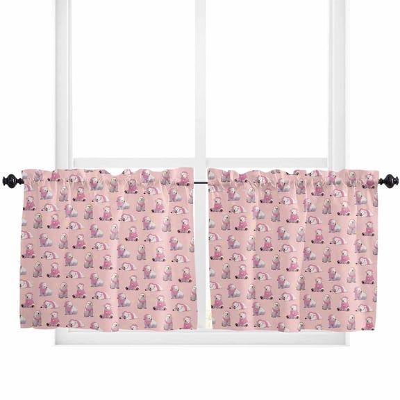 Pink Bear Christmas Kitchen Curtain 2 Panels Tiers Curtains 24 Inch Length, Winter Xmas Snowflake Curtains Rod Pocket Curtains Window Drapes Treatment Window Cafe Curtains