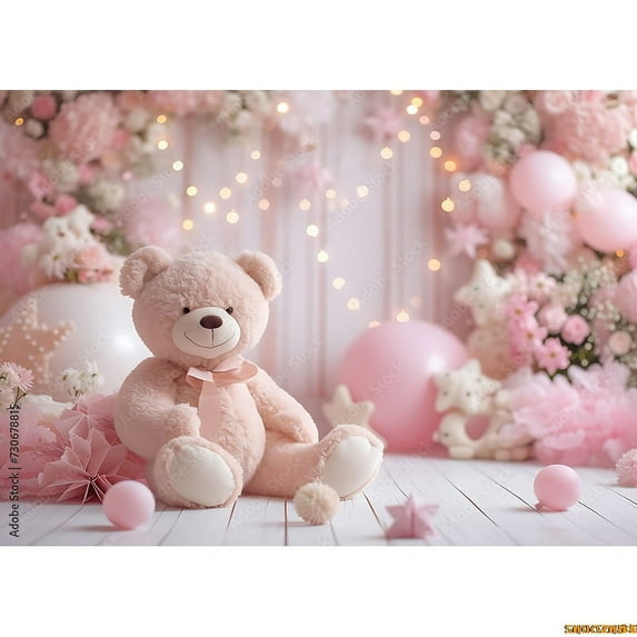 Pink Bear Digital Background for Baby Birthday Cake Smash Studio Photography Backdrops with Pastel Pink Star Background TD-03
