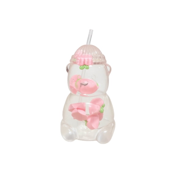 Pink Bear Toy with Straw Accent and Floral Accents, for all ages, Sensory Squeeze Toy