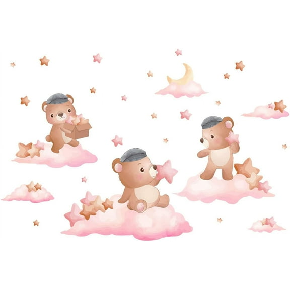 Pink Bear Wall Stickers Cute Cartoon Animal Wall Decals Clouds Stars Moon Peel and Stick Vinyl Wall Art Decals TV Wall Decor for Baby Nursery Kids Playroom Bedroom Living Room DIY