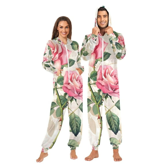 Pink Beautiful Rose Adult Onesie Pajamas Slim Fit Christmas One Piece Suit Pjs for Women and Men Hooded Zipper