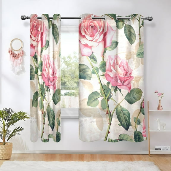 Pink Beautiful Rose Blackout Curtains 63 inch Length 2 Panels Window Decoration Curtains for Bedroom Living Room