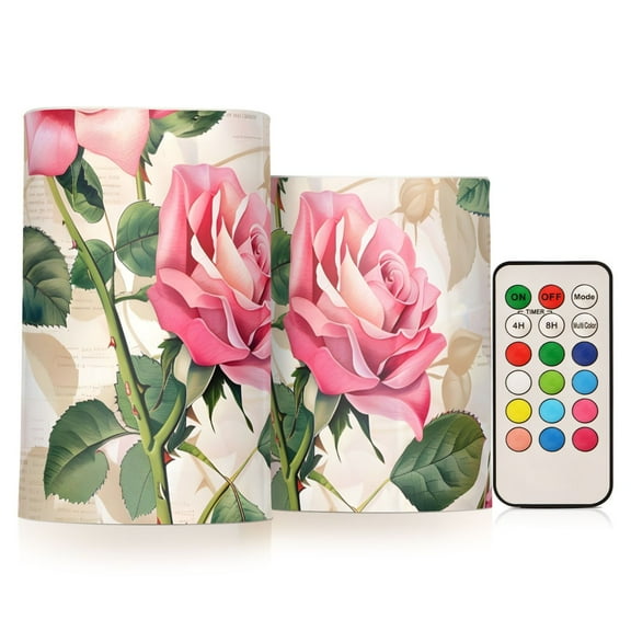 Pink Beautiful Rose Flameless CandlesLED Lights Battery Operated Candles with Remote and Timers Flicker Lights Votive Set of 2