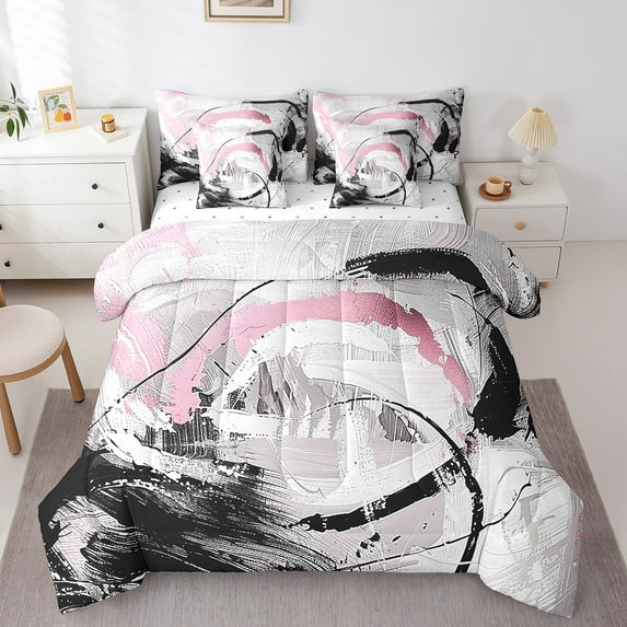 Pink Bed in a Bag King Size Comforter Set 7 Pieces,Gradient Black White Grey Abstract Ombre Bedding Sets,Watercolor Brush Oil Painting Sheet Set with Comforter Modern Graffiti Art Room Decor
