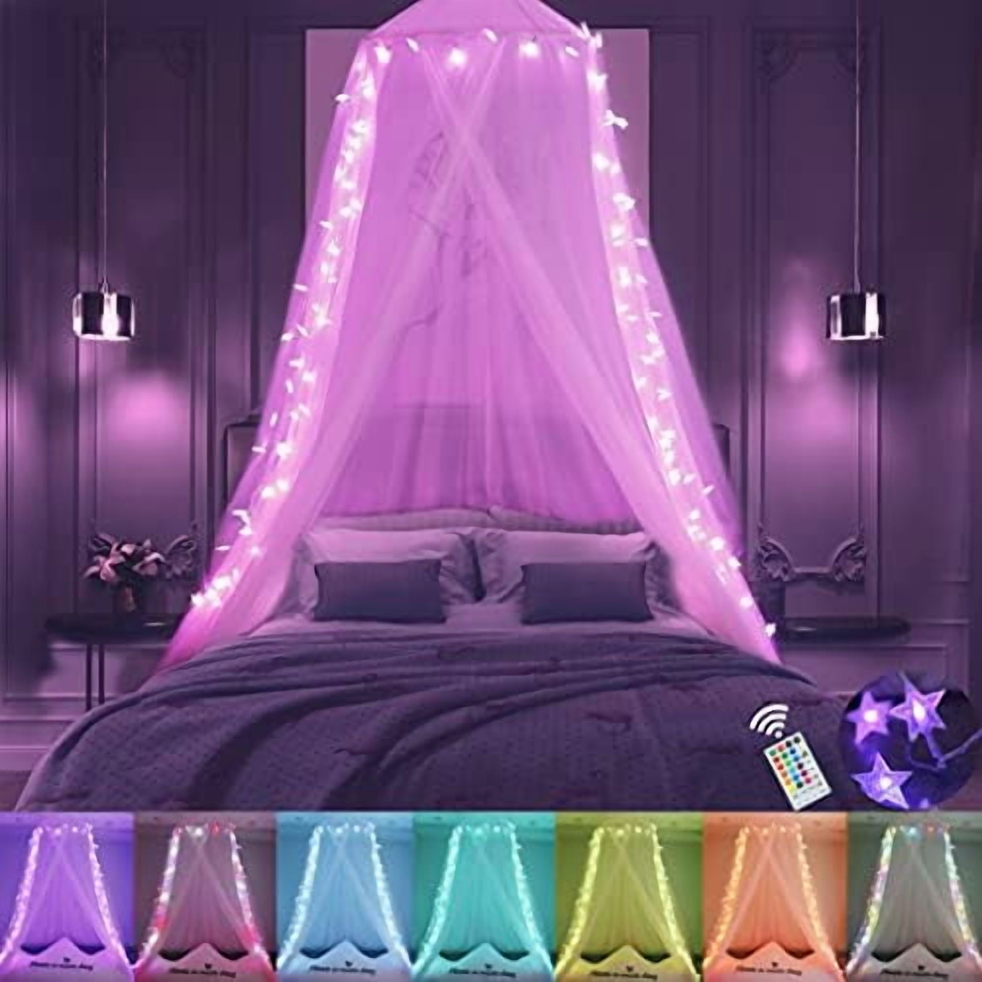 Pink Bed Canopy for Girls, Bedroom Decor Princess Canopy Bed Curtain with Lights, 100 LED Star Fairy String Lights Hanging Dome Bed Tent with Remote for Twin to King Size Bed